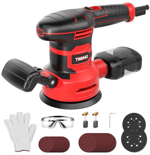 TEENO Ponceuse Orbitale 150 mm 450W, Ponceuse Excentrique 6 Vitesses avec 20 Disques Abrasifs Ø125/150 mm, Collecteur de Poussière - Pour Bois, Métal, Plastique