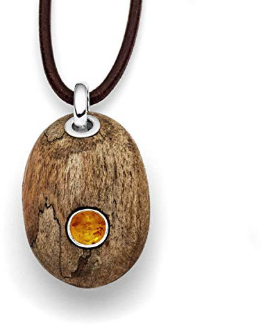 DUR Anhänger Holzkiesel oval aus echtem Treibholz | Bernstein/Kyanit/Perle/Lavasand | 925 Sterling Silber | Unikat Damen-Schmuckstück