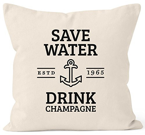 MoonWorks Kissenbezug Save Water Drink Champagne Kissen-Hülle Baumwolle Natur 40cm x 40cm