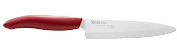 Kyocera FK-130 WH-RD EU, rebanador, 13 cm, Cuchilla de cerámica de circonita, Afilada a Mano, Ligera, no corrosiva, sin Transferencia de Sabor, Apta para lavavajillas, Mango Rojo