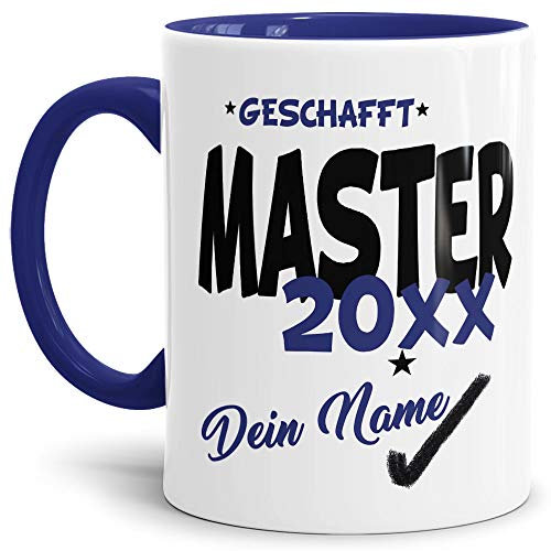 Tassendruck Master-Tasse Geschafft Master 20XX - Selbst gestalten mit Jahr und Name zum bestandenen Master/Abschluss/Lernen/Prüfung/personalisierte Geschenk-Idee/Innen & Henkel Dunkelblau