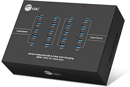 SIIG 20-Port Industrial USB 3.0 Hub with Charging - 200W, 5Gbps with 5V/2.1A per Port, Powered Multiport Hub Expander for Laptop, Tablets, Cellphone, External HDD, Keyboard and Mouse (ID-US0611-S1)