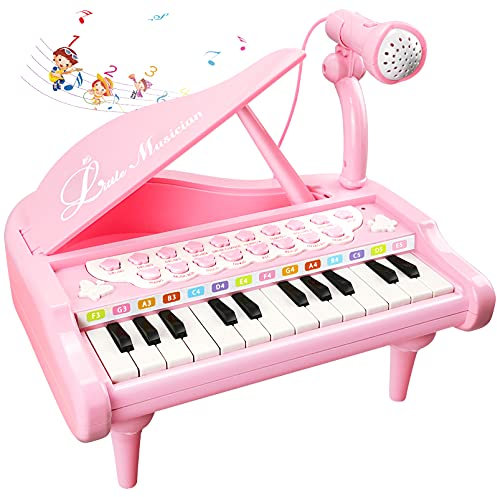 Pink Piano - Toys for 3+ Year Old Girls First Birthday Gifts, Toddler Piano Music Toy Instruments with 24 Keys and Microphone
