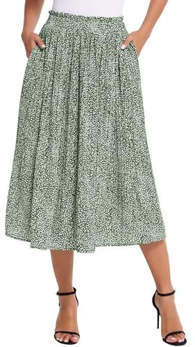 Parabler Midirock Damen Boho Plissee Retro Langer Sommerrock Grün Faltenrock Strandrock Elastische Taille Tanzrock Schwarz