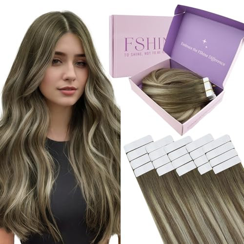 Fshine 12 Inch Tape in Hair Extensions Real Human Hair Balayage Dark Brown to Ash Brown Highlight Medium Blonde Hair Extensions Tape In Human Hair Extensions Glue on Extensions Natural 30g 20Pcs