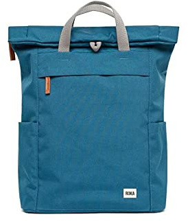 ROKA London Finchley A Medium Recycled Canvas (Marine) | Roll top backpack with spacious storage, padded laptop sleeve, side bottle pockets, secret pocket and adjustable straps