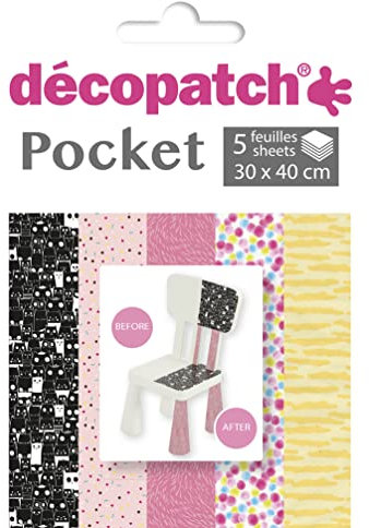 Decopatch Décopatch DP029C - Packung Déco Pocket mit 5 Blatt 30x40 cm in 5 verschiedenen Designs, praktisch und einfach zum Verwenden, ideal für Ihre Pappmachés und Bastelprojekte, 1 Pack
