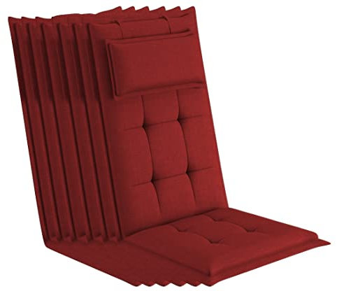 sunnypillow 6 Stück Gartenstuhlauflagen mit abnehmbarem Kopfpolster - 120 x 50 x 9cm - Stuhlauflagen Hochlehner, Auflage für Gartenmöbel - Sitzauflagen Outdoor, wasserdicht UV-Lichtecht - Rot
