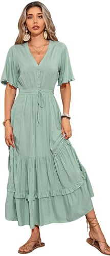 R.Vivimos Femmes D'été Cou en V Bouton à Manches Courtes Robe Bohème Fleur Longue Robe A Ligne Volants Longue Plage Robe(L,SageGreen)