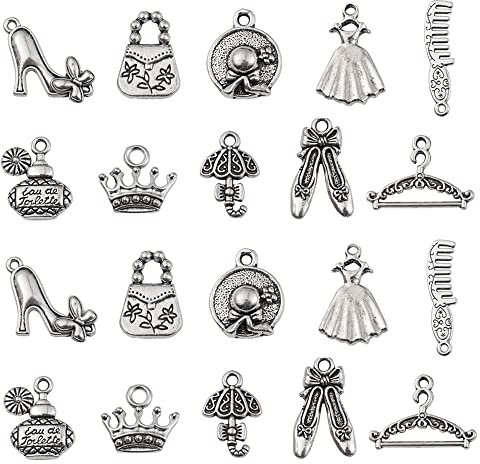 KitBeads 100 Stück tibetische Frau Charms Vintage Kleid Handtasche Parfüm Charms Mixed Style High Heel Regenschirm Damen Charms für Schmuckherstellung