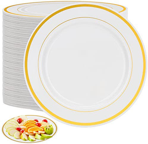 MUKLEI Lot de 80 assiettes blanches en plastique avec bord doré 19.1 cm, petites assiettes à dessert en plastique pour fêtes, anniversaires, restaurations et pique-niques