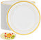 MUKLEI Paquete de 80 platos de comedor de plástico multiusos de 7.5 pulgadas con borde dorado, platos de plástico para fiestas, bodas, aniversarios, comidas y picnics