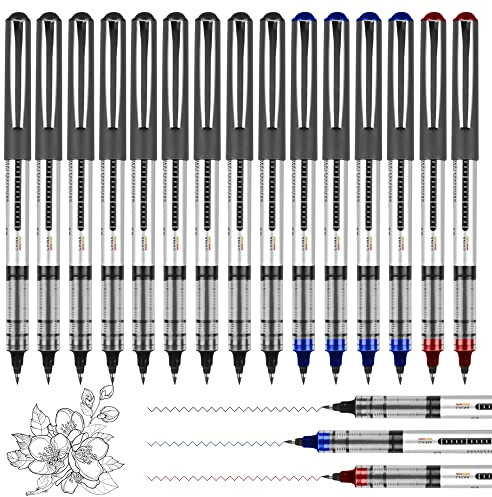 Rollerball Pens,15 Pack 0.5mm Gel Pens black,Quick-Drying Ink Rolling Ball Pens, Black Liquid Ink Pen for Office, Home,School (9 Black, 4 Blue, 2 Red)