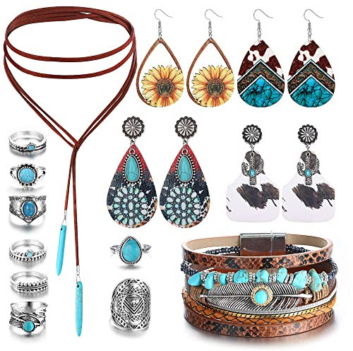 Milacolato Western Schmuck Für Frauen Türkis Anhänger Halskette Wester Drop Dangle Ohrringe Türkis-Kunstleder Geschichtete Armbänder Boho Knöchelringe Set Böhmisches Schmuckset