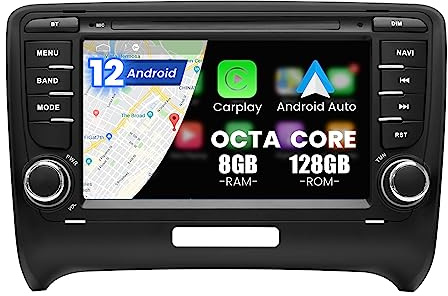Kymmtun Android Car Radio 8GB + 128GB 7-Zoll-Ultra-HD-Bildschirm Für Audi TT/MK2/8J 2006-2014 mit 4G-Netzwerk + WiFi GPS USB FM AM Bluetooth Freisprecheinrichtung Drahtlose CarPlay,Lenkradsteuerung