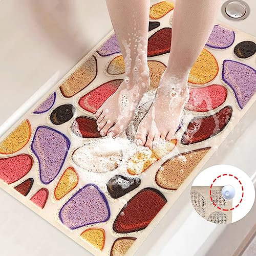 Shower Mat Non Slip 50 x 80 cm Soft Textured Bathtub Mat Non Slip Anti Mould, PVC Loofah Bath Mat for Inside Shower, Bath Massage Mat with 4 Suction Cups, Quick Drying, Water Permeability