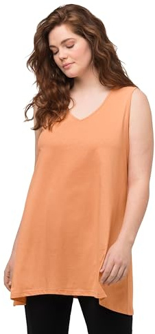 Ulla Popken Damen große Größen Übergrößen Plus Size Longtop, Naturfärbung, A-Linie, V-Ausschnitt, ärmellos apricot 50+ 818620666-50+