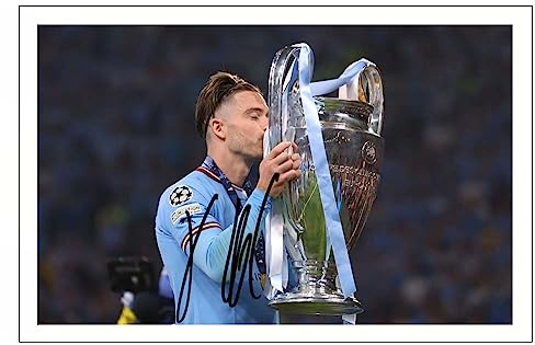 RJR PRINTS Jack Grealish 2022/23 Champions League Final - Manchester City Signed 6X4 Inch Photo With Print Pre Printed Signature Football Autograph Gift