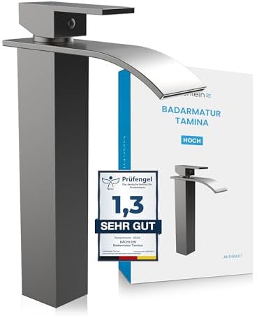 Bächlein Rubinetto da bagno Tamina alto, design a cascata, miscelatore monocomando extra alto, con set di montaggio per lavabo, rubinetto da bagno, colore antracite