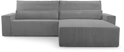 Ecksofa Denver L – Ottomane beidseitig montierbar, Ecksofa aus Cord, Couch für Wohnzimmer, Schlafsofa Sofagarnitur Eckcouch L-Form Cordstoff mit Bettkasten und Schlaffunktion (Poso 22 Dunkelgrau)