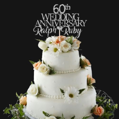 60th Diamond Custom Wedding Anniversary with Both Names. Any years any Names Personalised Cake Topper Glitter Card (GLITTER SILVER)