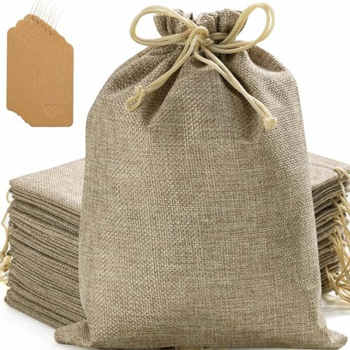 Homum 12 Stück Sackleinen Geschenk Beutel mit Kordelzug und Geschenkanhängern & Schnur, 30x40 cm Partygeschenkbeutel, Sackleinenbeutel Leinen Schmuckbeutel, Jutesäckchen für Partys, Hochzeiten