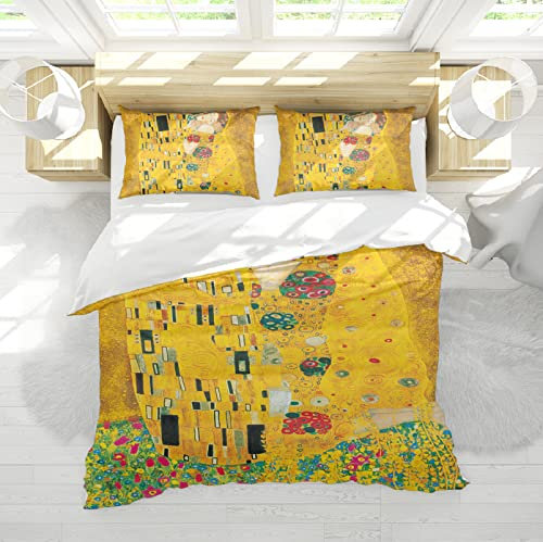 Wewoo Home Gustav Klimt Kiss Bettbezug 3-teiliges weiches Luxus-Bettwäsche-Set mit Reißverschluss und Eckbändern (1 Bettbezug + 2 Kissenkissen) 135x200cm