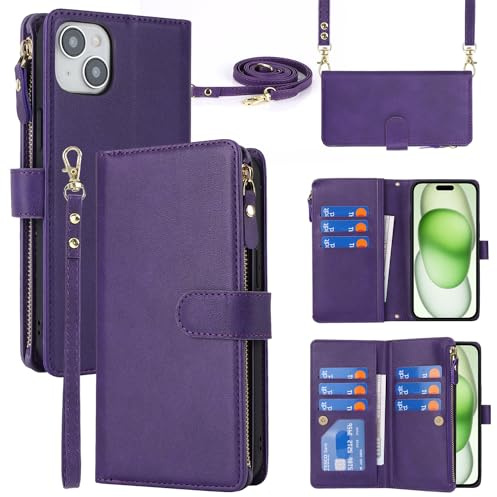 Cavor Compatible with iPhone 15 Plus Case With Card Holder With Strap,Flip Leather Crossbody Wallet Case,[9 Card Holders][Magnetic][Lanyard],Cover Phone Case for women - Purple