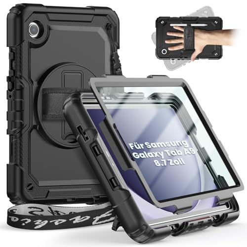 timecity Hülle für Samsung Galaxy Tab A9 LTE 8,7 Zoll 2023, Stoßfeste Robust Galaxy Tab A9 LTE Hülle mit Displayschutzfolie,360° Drehbar Ständer, Handschlaufe, Schultergurt,Stifthalter-Schwarz