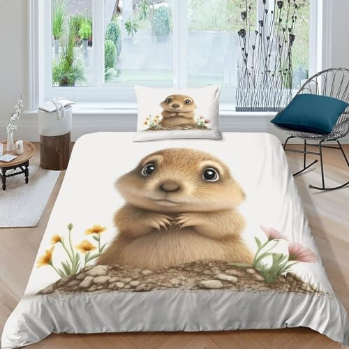 VesFy 2 Teiliges Niedliche Tiere Bettwäsche 3D Druck Set Aus Weicher Niedlicher Maulwurf Mikrofaser Mit Reißverschluss Für Jungen Mädchen Und Erwachsene Single(135x200cm)