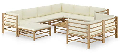 NITCA Lounge Moebel Terrasse Bambus 10-TLG.Lounge Gartenmöbel Set Holz mit Creme Kissen Bambus Garten Sitzgruppe Lounge Loungemöbel Terrasse Holz Balkonlounge5xEckteil+3xMittelteil+Fußstütze+Tisch