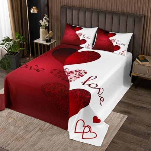 Homemissing Copriletto trapuntato bianco rosso matrimoniale coppia cuori amore copriletto trapuntato per ragazze donne amanti romantico floreale set San Valentino trapuntato decorazione della camera