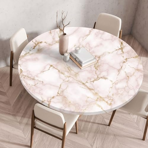 Highdi 3D Elastische Tischdecke Rund Abwaschbar, Spanntischdecke Rund Gartentischdecke Outdoor Round Tischdecke mit Gummizug für Esszimmer, Küche und Picknick (130cm,Murmel 2)