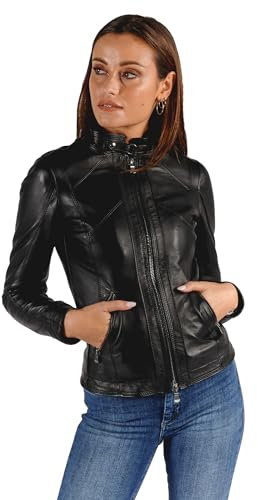 BARONE Giubbotto di Pelle Donna Nera, Giubbotto Primaverile in Vera Pelle, Giacca di Pelle Donna Made in Italy, Giacca Moto Donna SOFIA (IT, Testo, L, Regular, Regular, Nero)