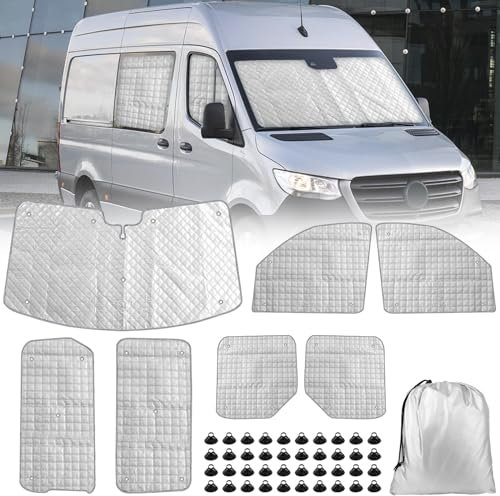 Parasol para Parabrisas para Mercedes Sprinter 2019-2024, 7 Piezas Juego de Parasol Térmico Interno UV-Proof protección Solar con Espalda Negro, 98% Oscurecimiento