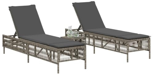 vidaXL Sonnenliegen 2 STK., Sonnenliege mit Tisch Kissen, Relaxliege für Garten Terrasse, Gartenliege Sonnenbett, Grau Poly Rattan