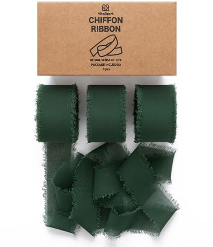 Vitalizart Dunkelgrün Schleifenband 2,5 cm x 19,2 m, Geschenkband Chiffonband Fransenstoffband, Bänder-Set für Hochzeitseinladung, Brautstrauß, Dekoration, Geschenkverpackung, Schleifenherstellung