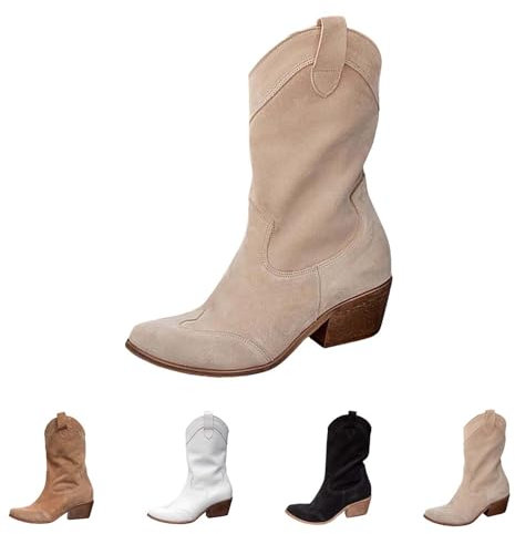 Camperos Texani Donna Invernali Western Stivaletti a Metà Polpaccio Stivali Donna Alti con Tacco Scarponcini Tacco Medio Stivali Western da Donna Tronchetti Cerniera a Punta Stivaletto