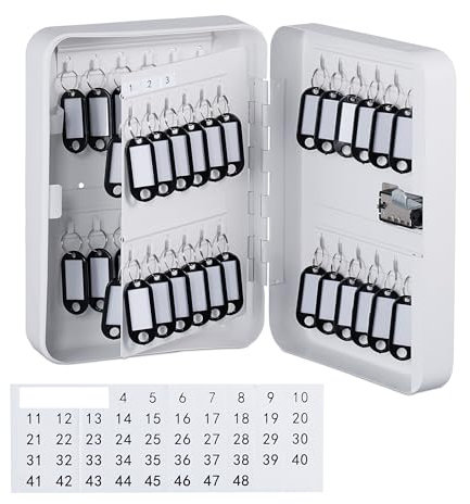 Relaxdays Schlüsselkasten, Zahlenschloss, 48 Haken, mit Schlüsselanhängern, HBT: 25 x 18 x 7,5 cm, Schlüsselbox, weiß