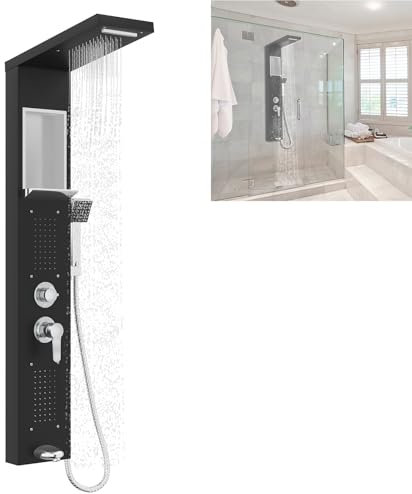 YUENFONG Panel de ducha 5 en 1 de acero inoxidable, multifunción, incluye ducha de lluvia, cascada, masaje de espalda, ducha de mano, montaje en pared, color negro