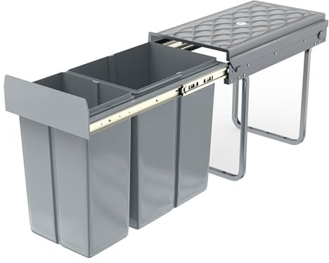FIVMEN Poubelle de cuisine encastrable à 2 compartiments extensibles avec rails télescopiques, système de tri sélectif, gris, 1 x 20 l + 1 x 10 l