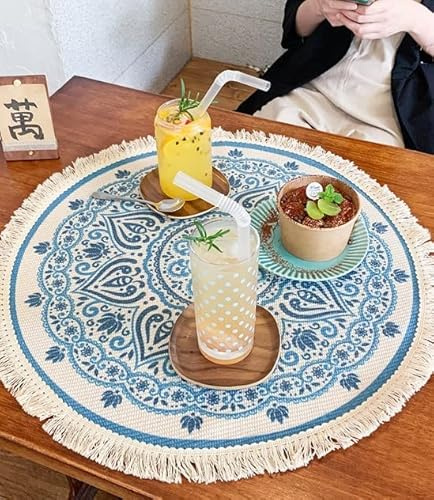 Yolispa Rund gewebte Tischsets Waschbar Platzset Rund Baumwolle 20“ Mandala Tischset mit Quasten Tischset rutschfest Boho Baumwolle Platzsets Untersetzer für Küchentisch Teetisch