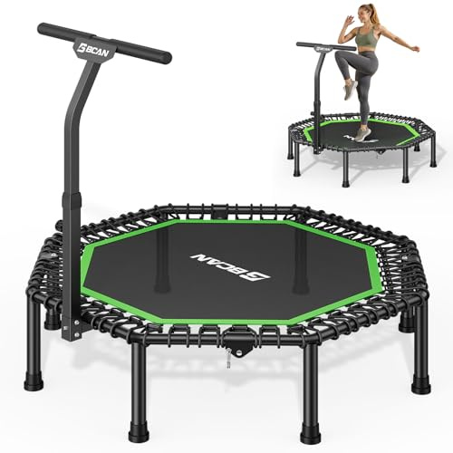 BCAN BT3 51 Octagonal Rebounder Trampoline for Adults, 450LBS Max Load Fitness Trampoline with Large Jumping Area, Silent Bungee Mini Trampoline with T-Adjustable Handle for Home Gym-Green