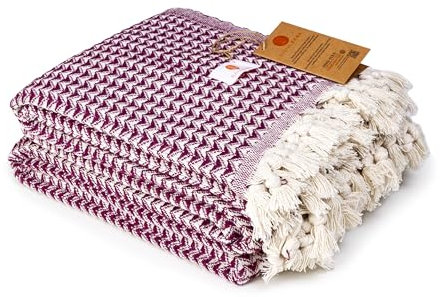 Buena Zeba Traditionelle Sitzbezug Baumwolldecke mit Zickzack-Muster, Fransen, 200 x 235 cm (Rot)