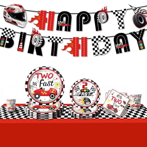 Rennwagen-Partyzubehör für Jungen, Race Car Birthday Decoration, Geburtstag Deko Set, Partydekoration Geschirr Party Supplies Set (rot)