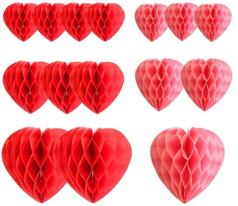 Eidoct 15-teiliges Wabenbälle-Set in Herzform, hochwertige Valentinstagsdekoration, hängende Herz-Pompons für Verlobung, Geburtstag, Hochzeit, Party, Jahrestag, Brautparty, Wanddekoration