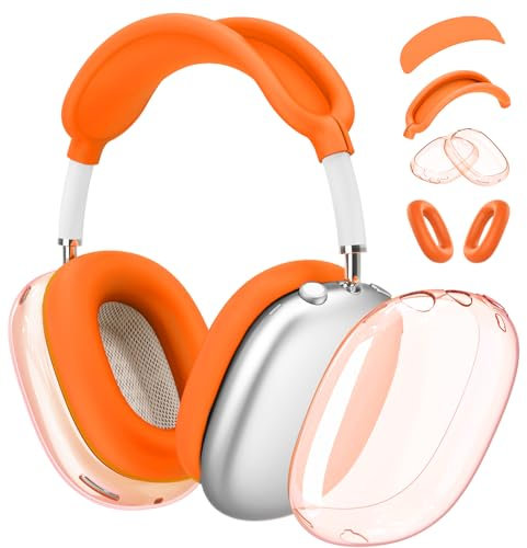 【4 en 1】 Funda para AirPod Max, antiarañazos, a prueba de sudor, cubierta para orejeras, cubierta para diadema, accesorios para Apple AirPods Max (Lightning 2020/2024 USB-C), naranja transparente
