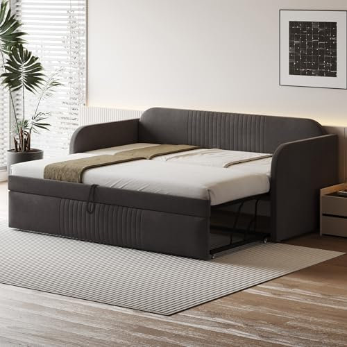 Kebnor Cama tapizada Sofá cama extensible 90/180 x 190 cm, con rayas verticales, con somier, cama multifunción, tejido de lino cómodo y transpirable (sin colchón) (gris)
