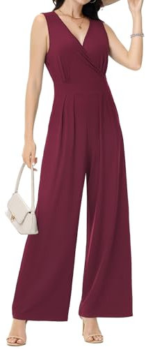 Tanmolo Damen Jumpsuit Elegant Festlich Sommer Ärmellos Overall Weites Bein Romper Mit Taschen Kurz Weinrot, M