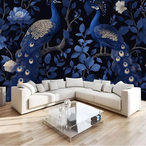 JEDTAKCT Fototapete Blauer Pfau Pfingstrose 400X280Cm - Seidetapete - Wandtapete - Gothic Tiere Art Fototapete - Wand - Wandbilder Schlafzimmer Wohnzimmer Bildtapete Foto Tapete